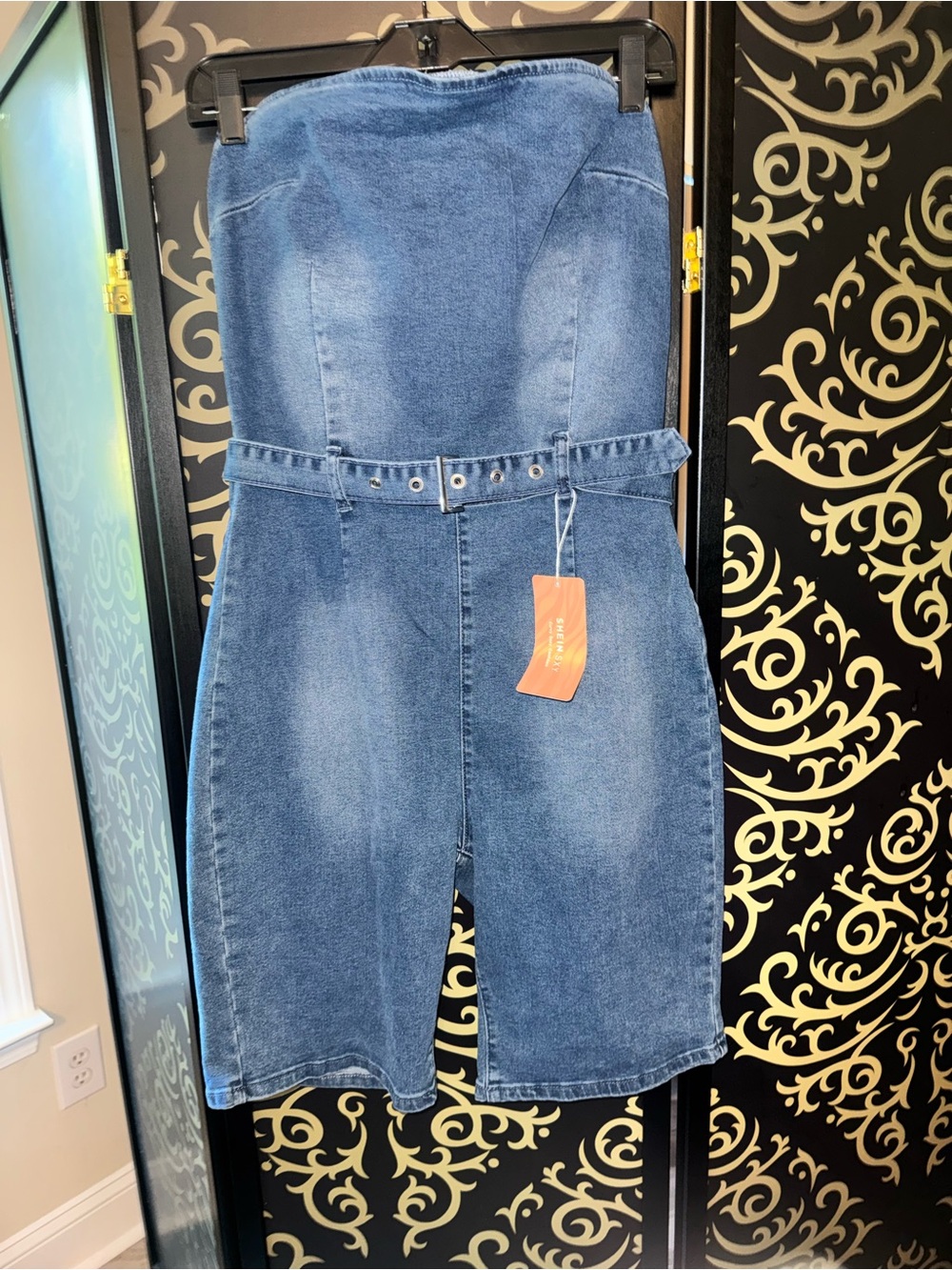 SHEIN Blue Strapless Denim Overall Shorts with Belt